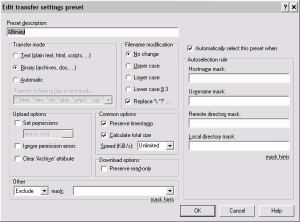 Ustawienia trybu przesyłania plików w WinSCP